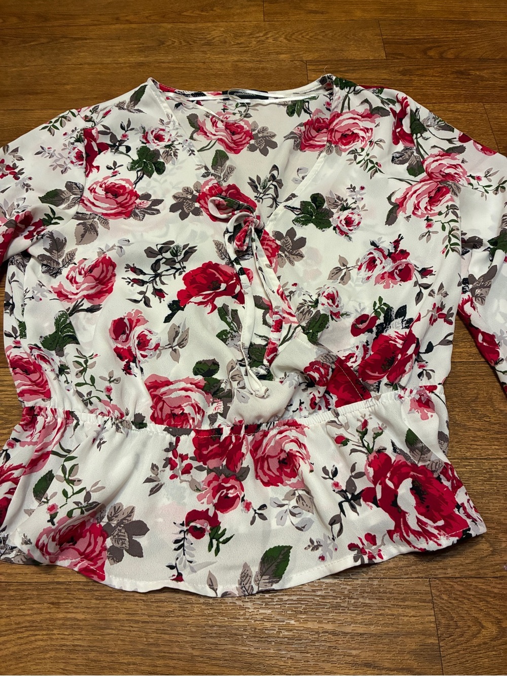 Women’s Floral Tie-Front Peplum Blouse - White with Pink/Red Roses Size Medium